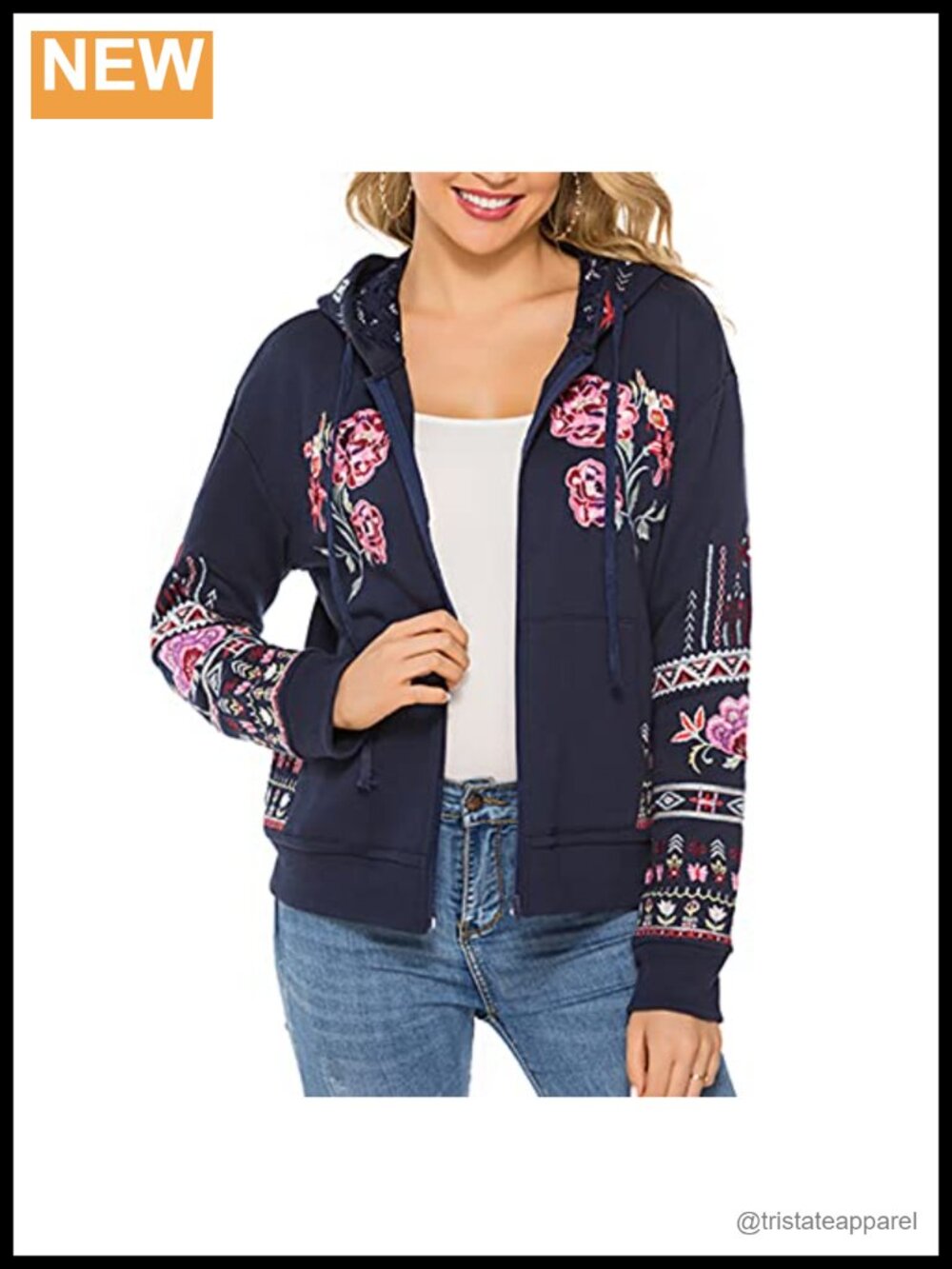 Floral Embroidered Zip Up Hoodie Jacket, Long Sleeve Boho Fall Winter Coat